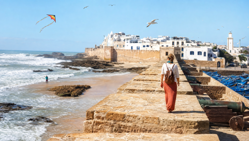 Traveler walking along the historic Essaouira coast in Morocco