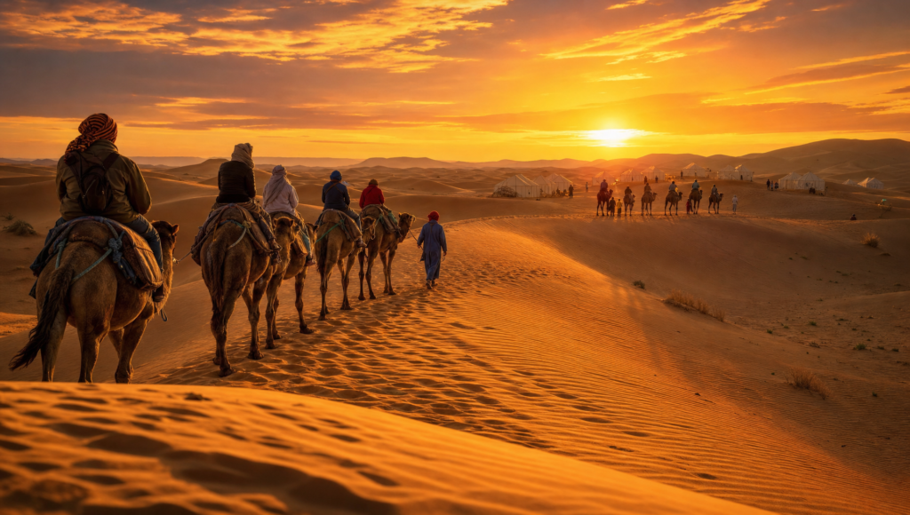 Camel caravan crossing Erg Chebbi dunes at sunset in Merzouga, Morocco